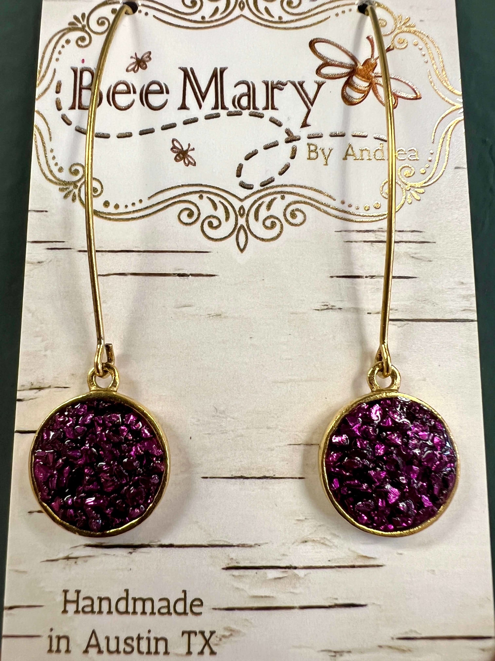 Purple Crushed Glass Dot Dangle Earrings with Gold Wires by Bee Mary