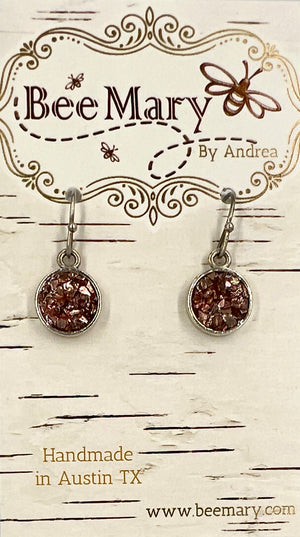 Small Rust Crushed Glass Dot Dangle Earrings on Silver Wires by Bee Mary