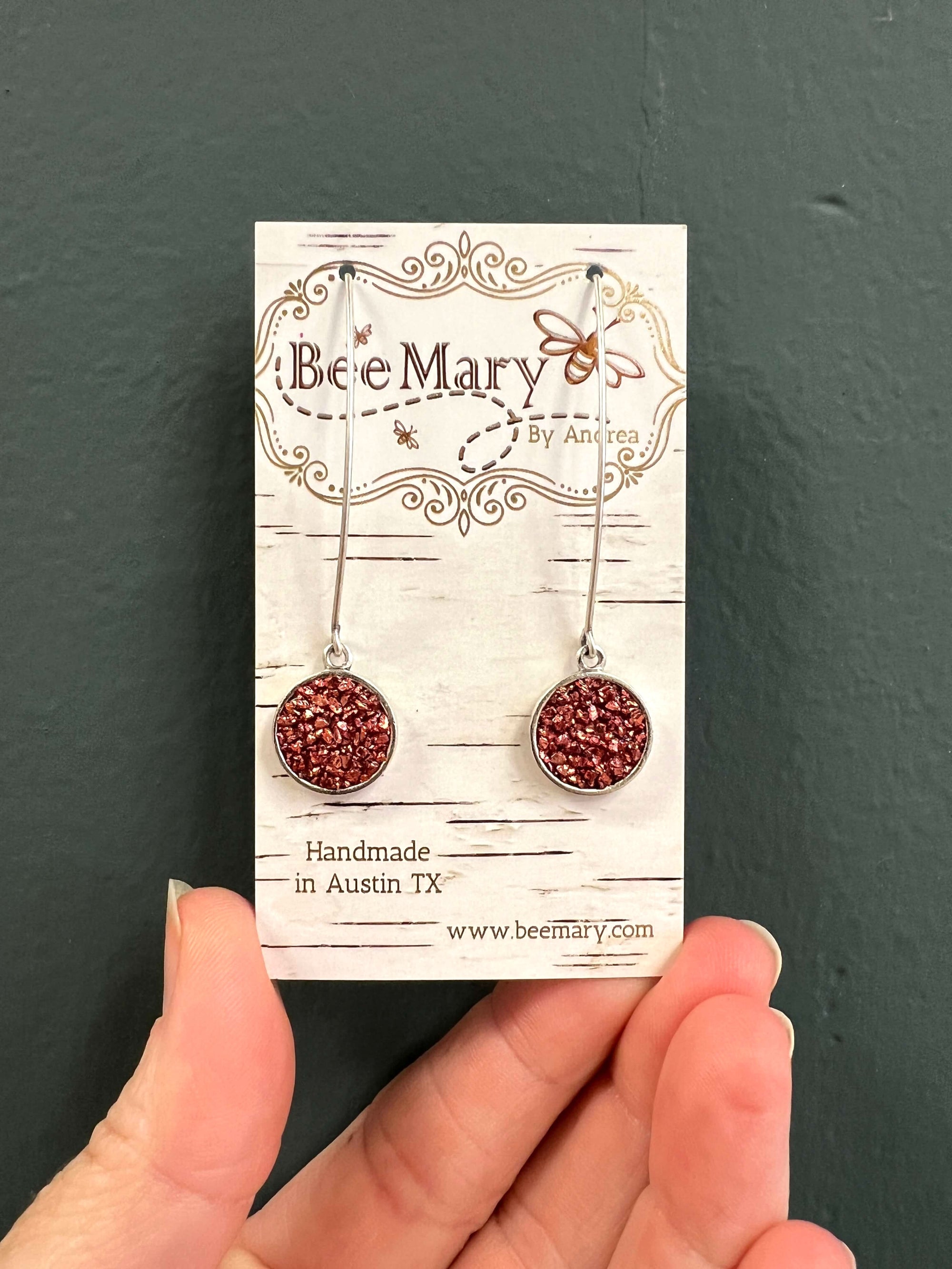 Rust Crushed Glass Dot Dangle Earrings with Silver Wires by Bee Mary