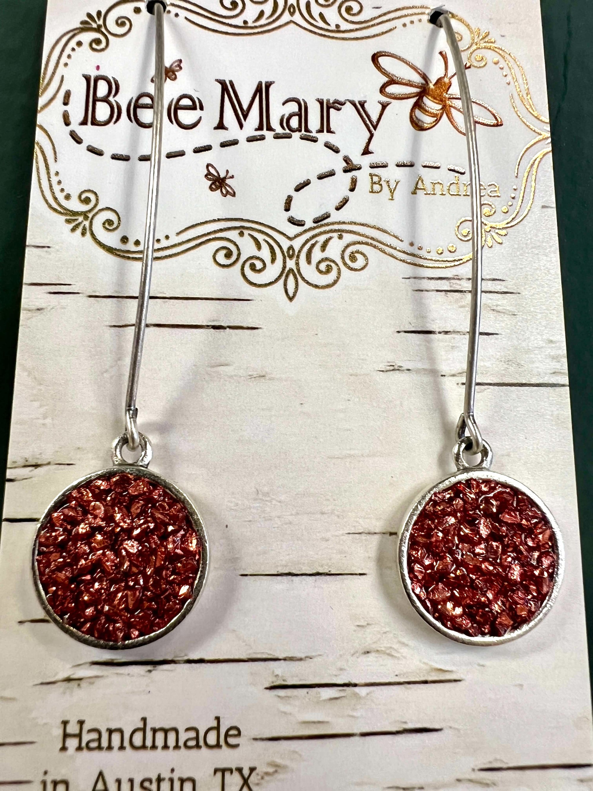 Rust Crushed Glass Dot Dangle Earrings with Silver Wires by Bee Mary