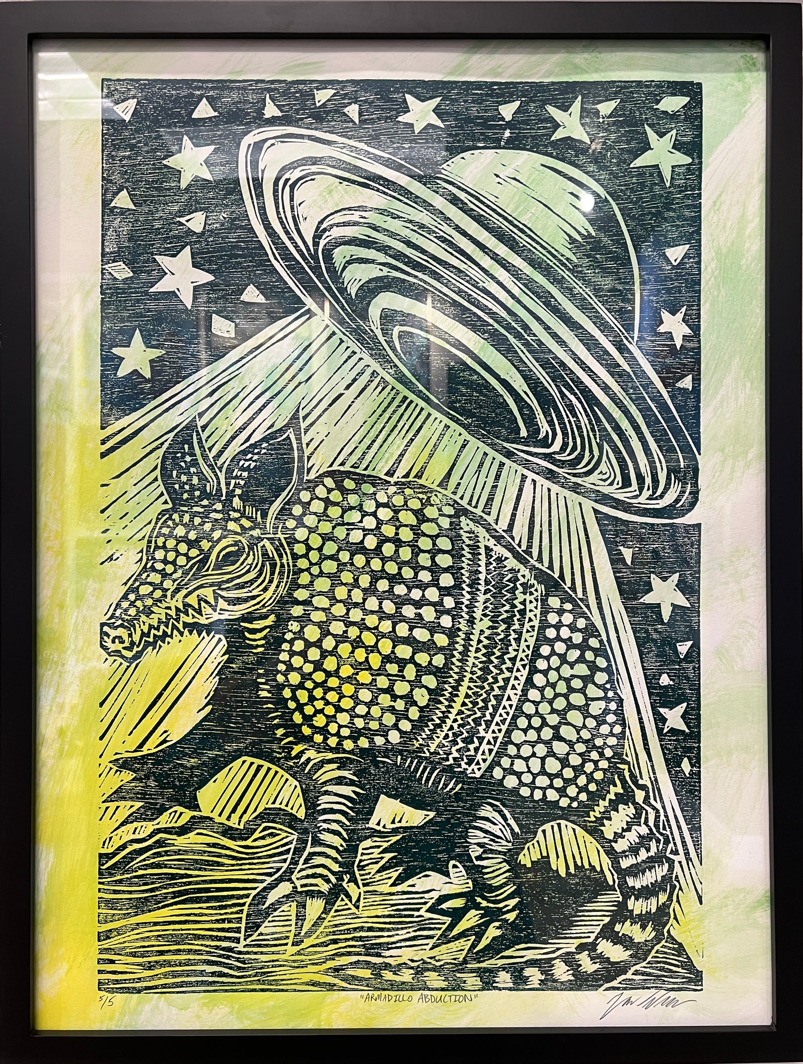 Armadillo Abduction w/ Green Watercolor Background Framed Print by Brunky Art