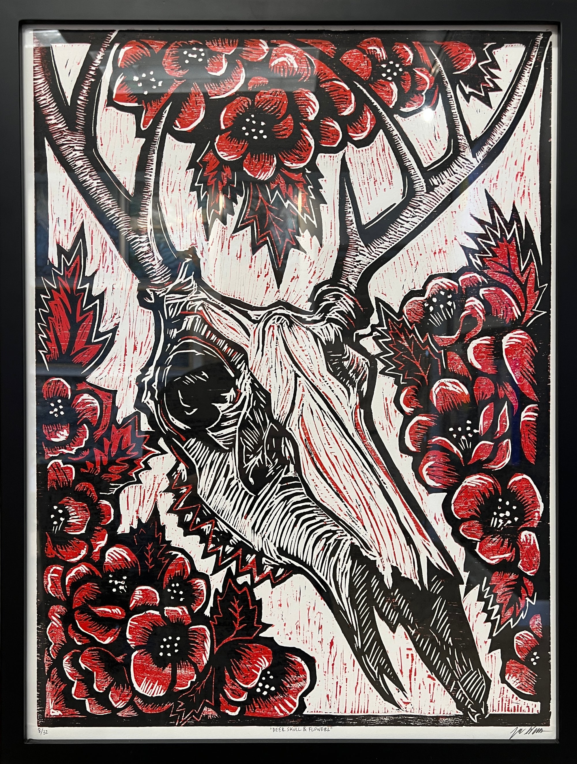 Deer Skull & Flowers Framed Print by Brunky Art