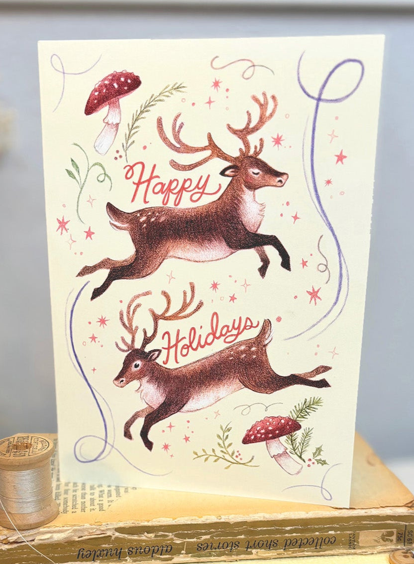 Happy Holidays Prancing Deer Card by Cats in Cardigans