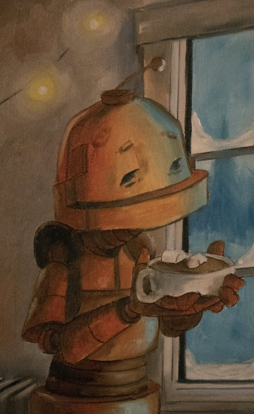 Comfort Cocoa Bot - Robots in Rowboats by Lauren Briere + Print on Wood "Brick"