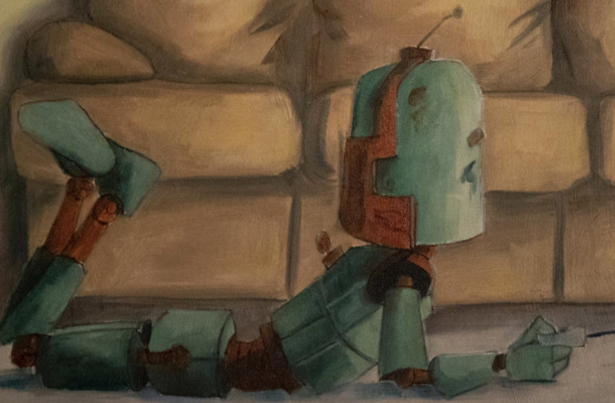 Comfort Game Bot - Robots in Rowboats by Lauren Briere + Print on Wood "Brick"