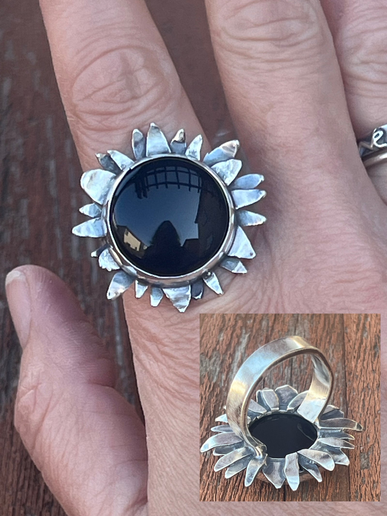 Black Onyx and Sterling Silver Flower Ring by Courtney Marie Jewelry - size 9.5