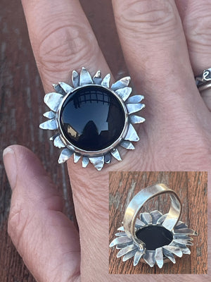 Black Onyx and Sterling Silver Flower Ring by Courtney Marie Jewelry - size 9.5
