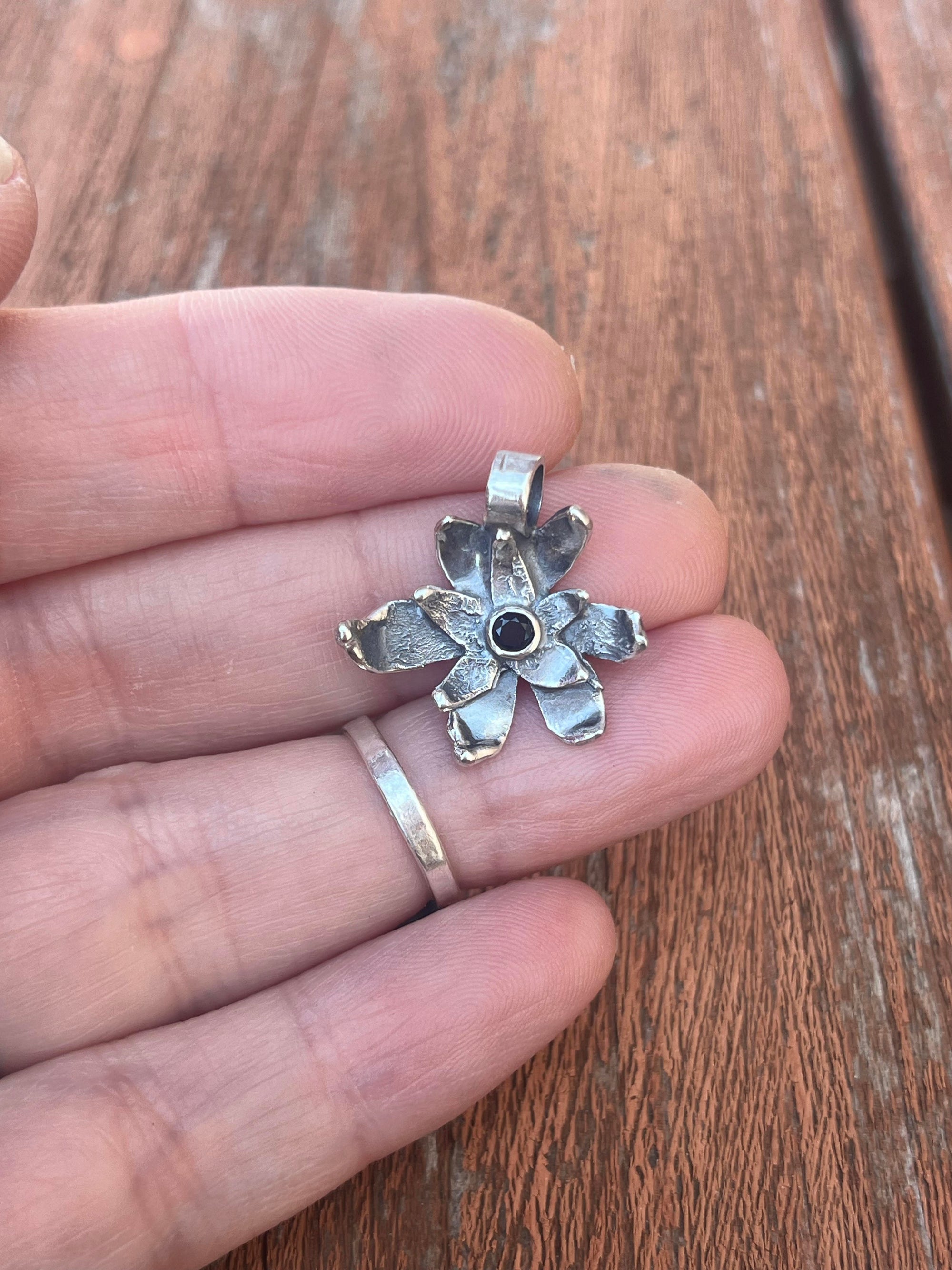 Sterling Silver and Black Spinel Flower Pendant by Courtney Marie Jewelry