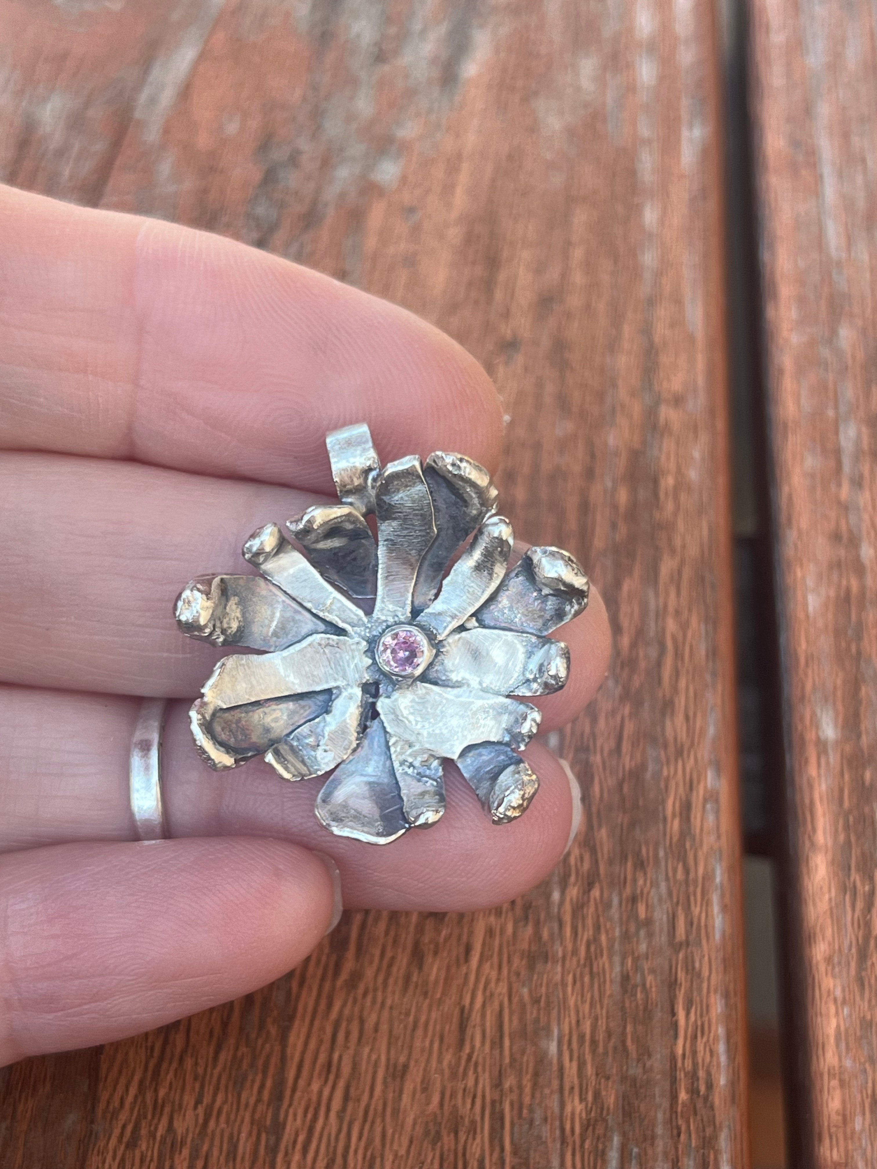 Sterling Silver Flower Pendant with Pink Tourmaline by Courtney Marie Jewelry