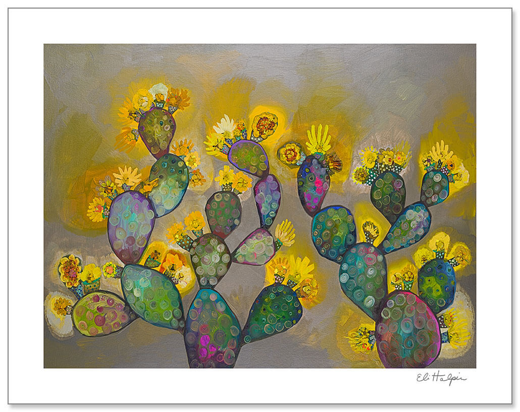 Blooming Prickly Pear Cactus Print by Eli Halpin + Yellow/Gray on Paper