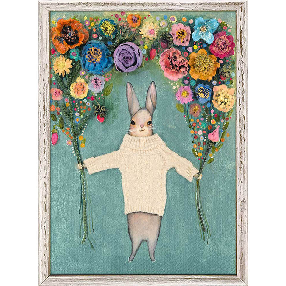 Give your home a touch of spring with this bunny holding two bouquets of flowers. A must-have for bunny-lovers, this wall art will be a fun addition to any room.