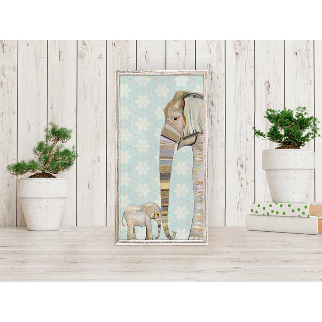 Elephant Baby and Mama on Bohemian Mini Framed Canvas Print by Eli Halpin + Rustic Natural Frame