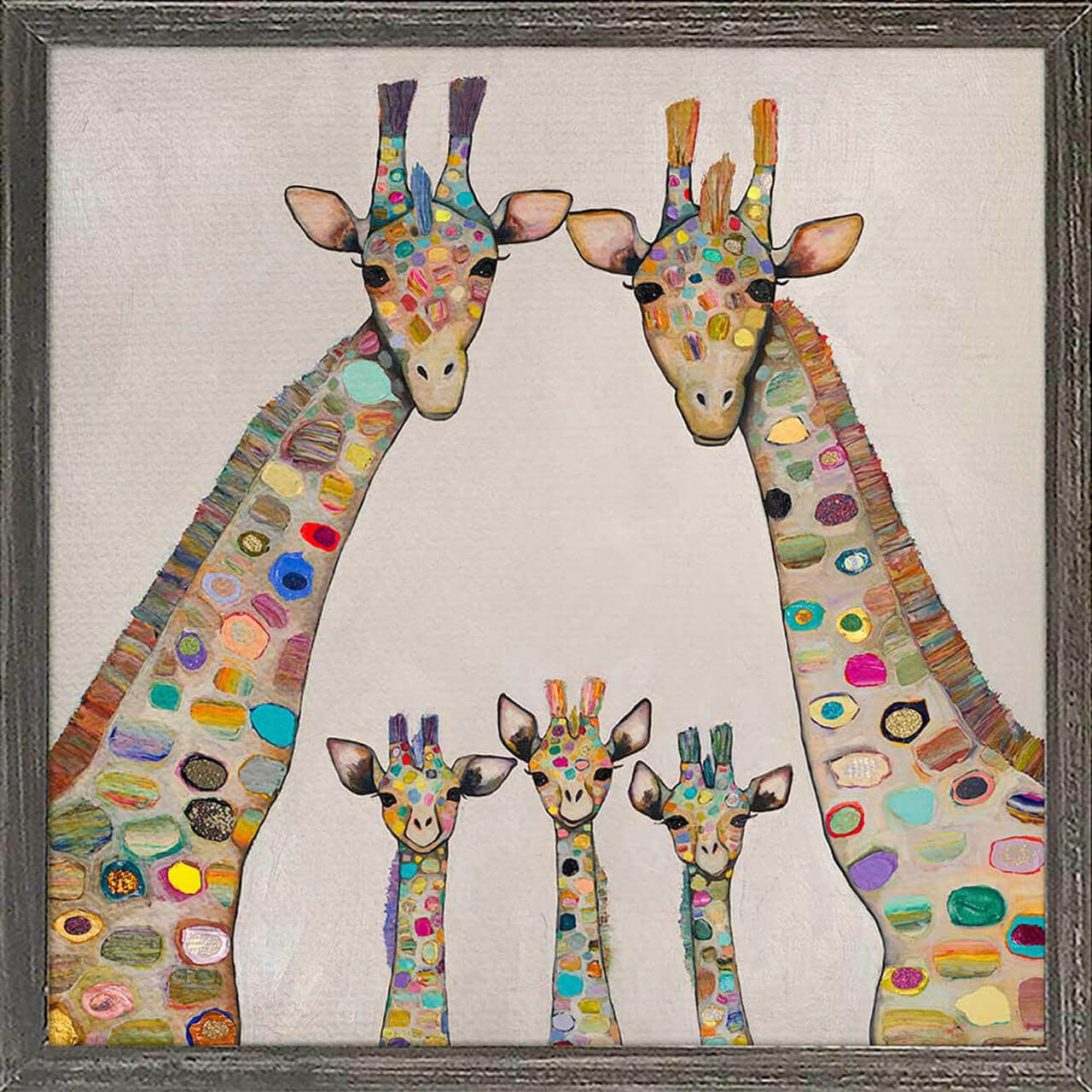 Introducing Eli Halpin delightful art featuring a colorful family of giraffes, a charming addition to any space that will surely bring a smile to your face.