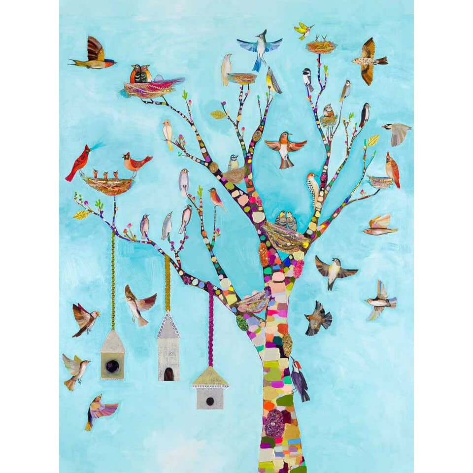 Bright and playful birds hover around their mosaic rainbow home in Eli Halpin's surreal painting.