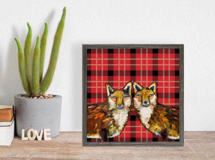 Fox Duo on Tartan Mini Framed Canvas Print by Eli Halpin