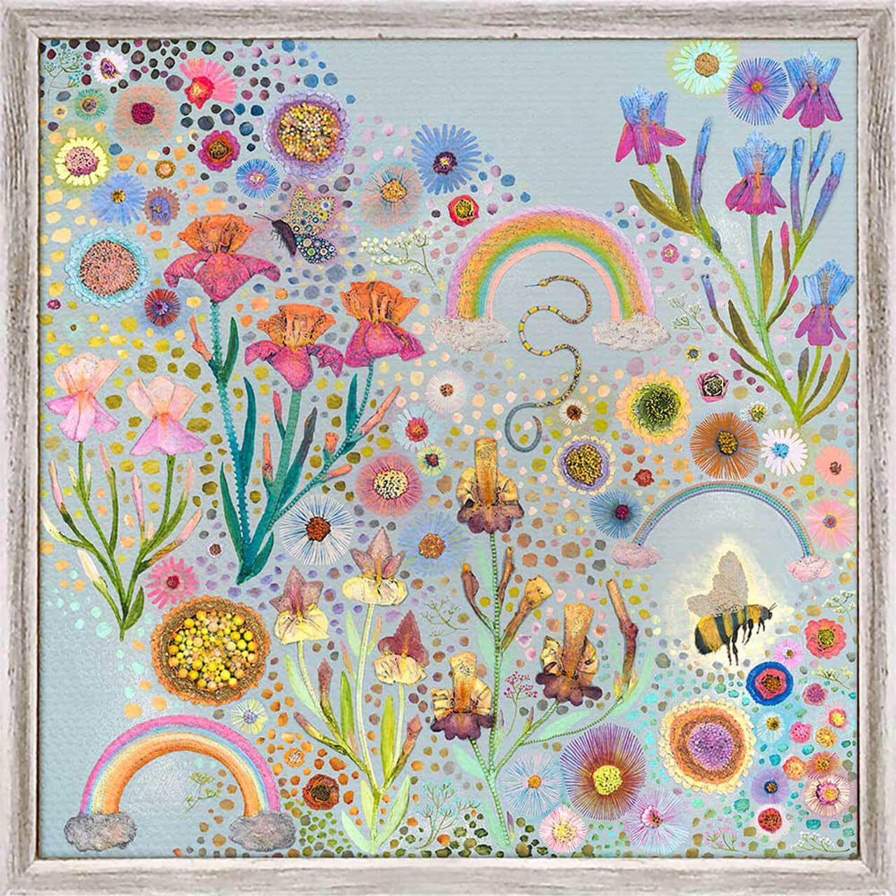 Eli Halpin's pretty floral design with a bee and rainbows wall art is ideal for a nature lover or anyone who appreciates beautiful artwork.