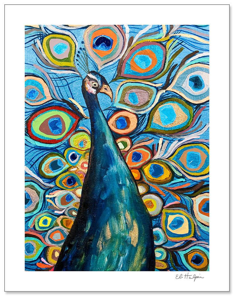 Peacock in Metallic Ocean Blue Print by Eli Halpin + 11"x14" Paper