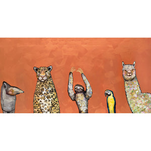 Five exotic animal friends pose together in this contemporary wall art by Eli Halpin. The bold orange background of this piece makes it uniquely beautiful and unlike any other!