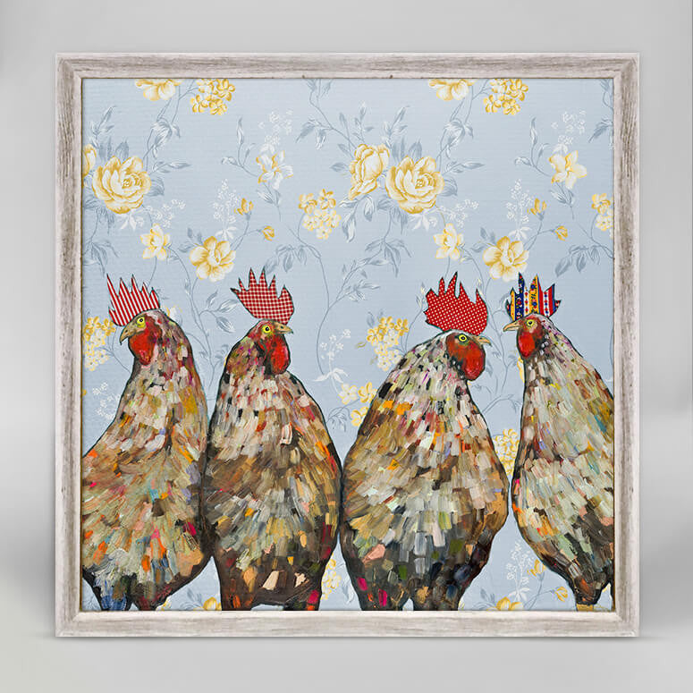 Roosters on Floral Mini Framed Canvas Print by Eli Halpin