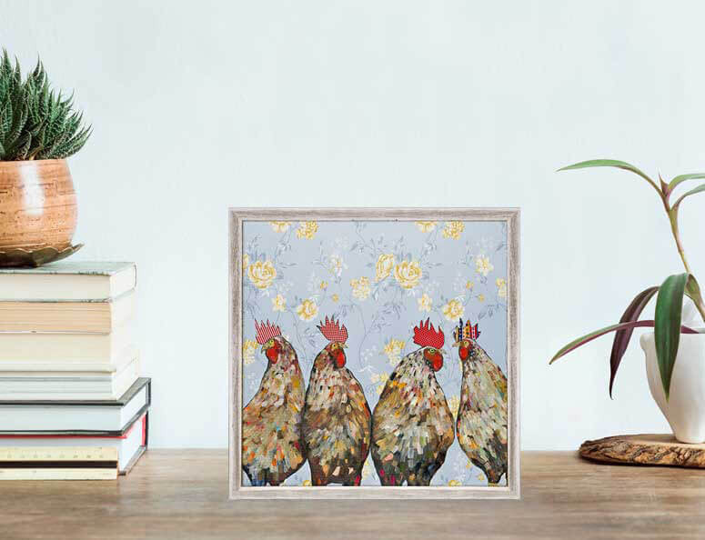 Roosters on Floral Mini Framed Canvas Print by Eli Halpin