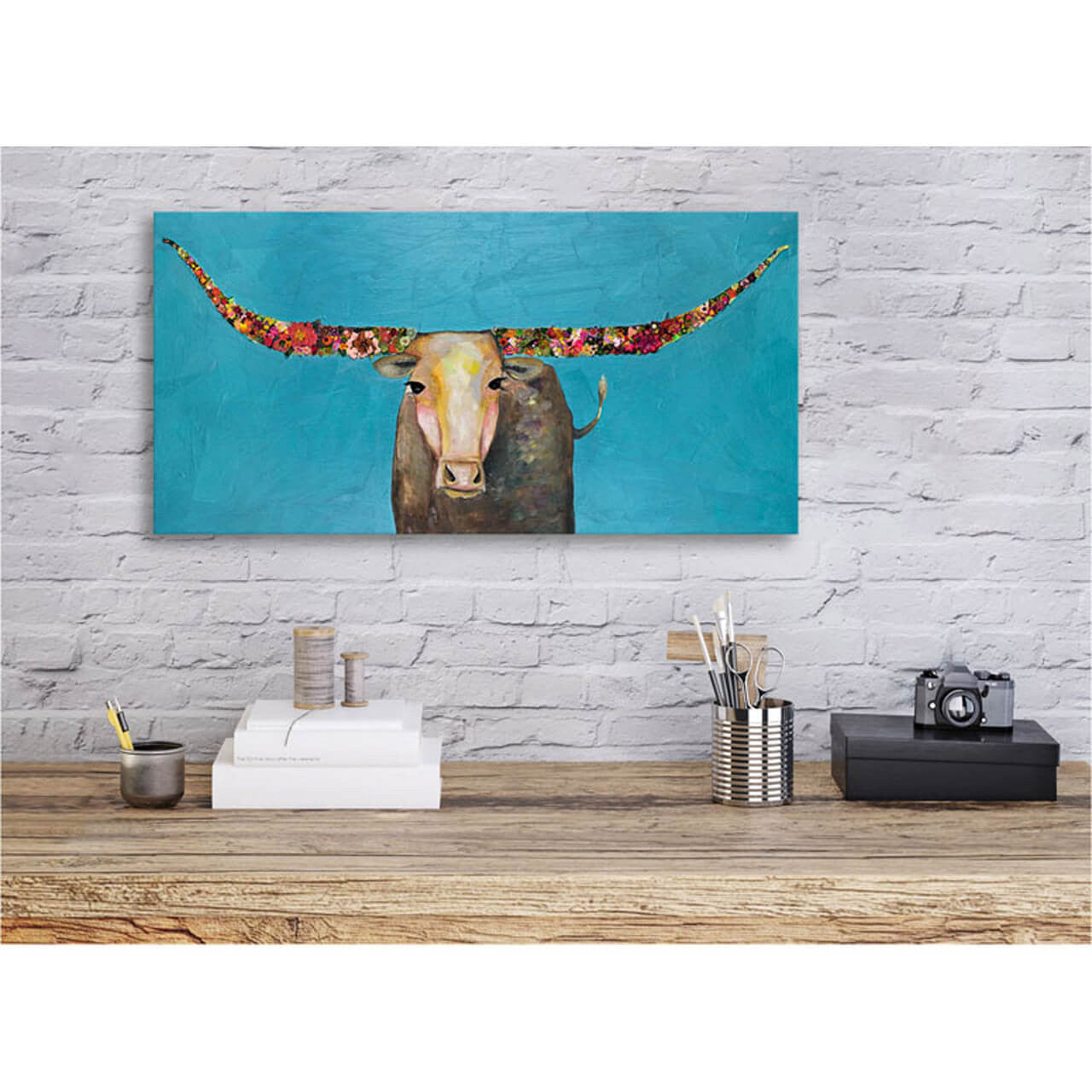 Longhorn with Swinging Tail Print by Eli Halpin - Austin Tx Artist
Canvas print 
12"h x 24"w