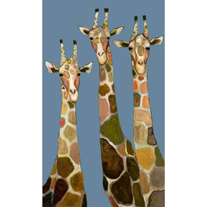 A trio of strikingly beautiful giraffes grace this hand-stretched canvas art by Eli Halpin. Creative and captivating, this modern giraffe design displays unique touches of color along their long, patterned necks.