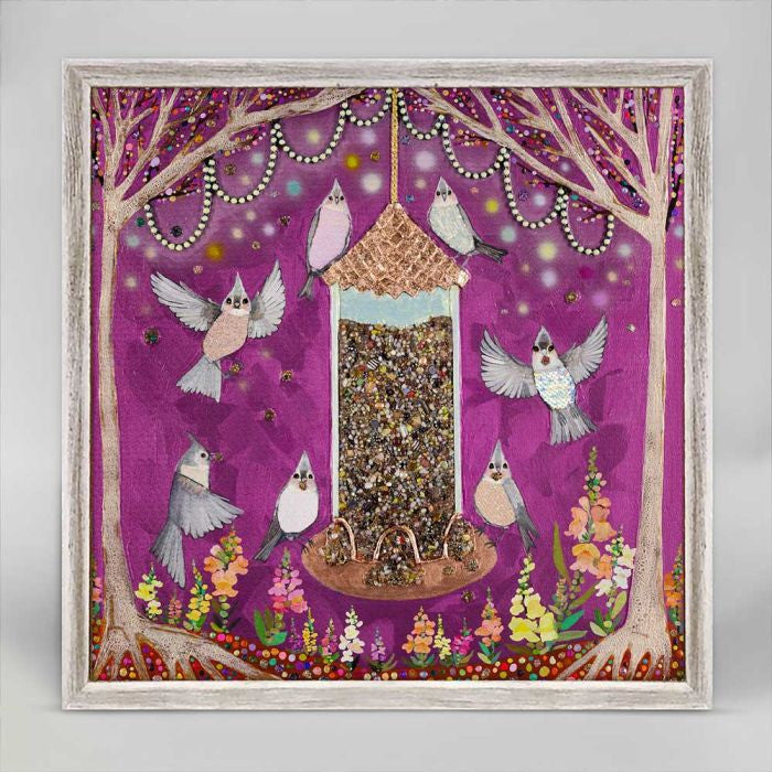 Flittering and twittering, these cheerful feathered friends, by Eli Halpin, enjoy a feast of seeds fit for a king. Finished in our rustic natural frame, this mini art sits easily on your shelf or wall.