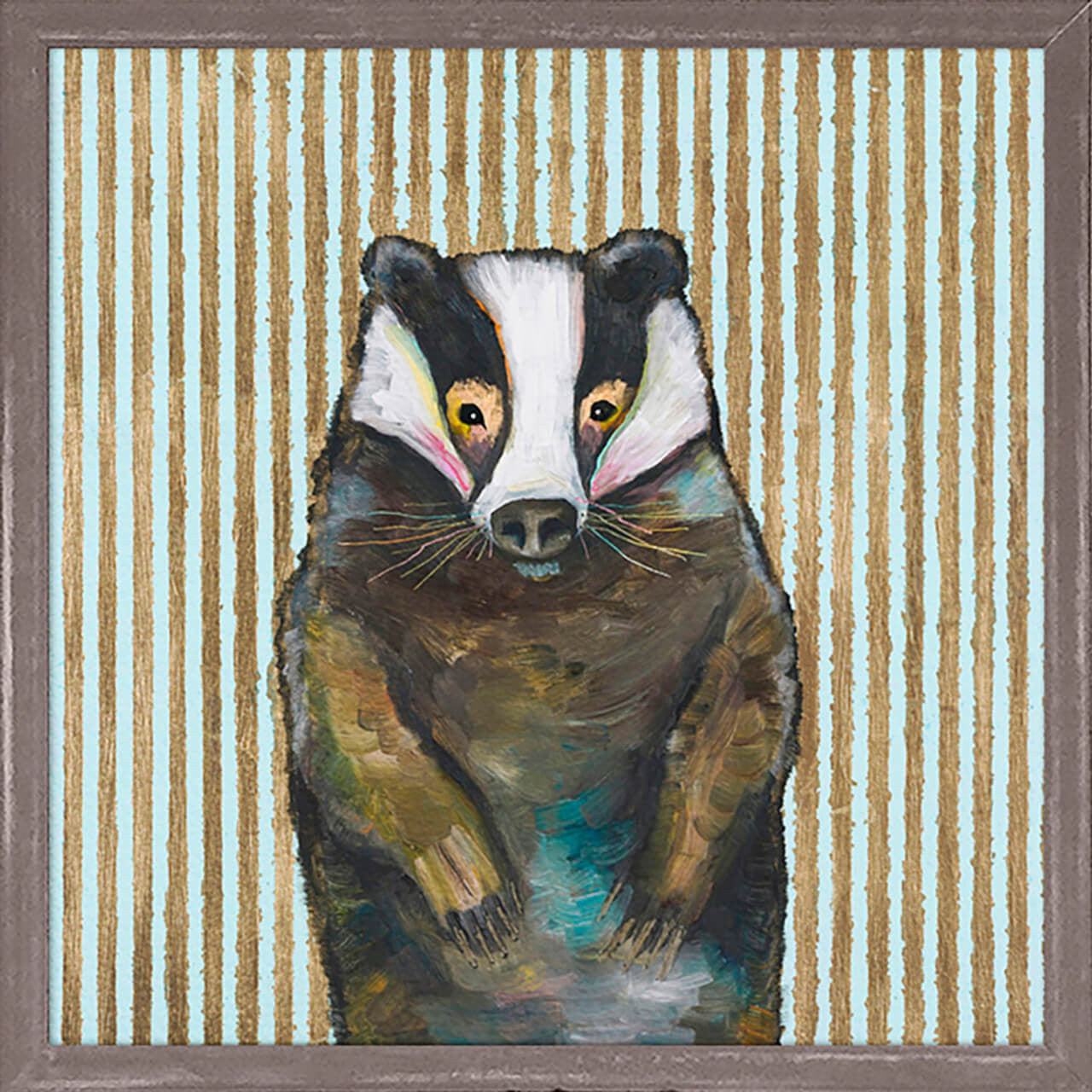 Eli Halpin's badger looks dapper on gold and white stripes. On his own, or mixed with a collection of Eli's work, his presence will be notable.