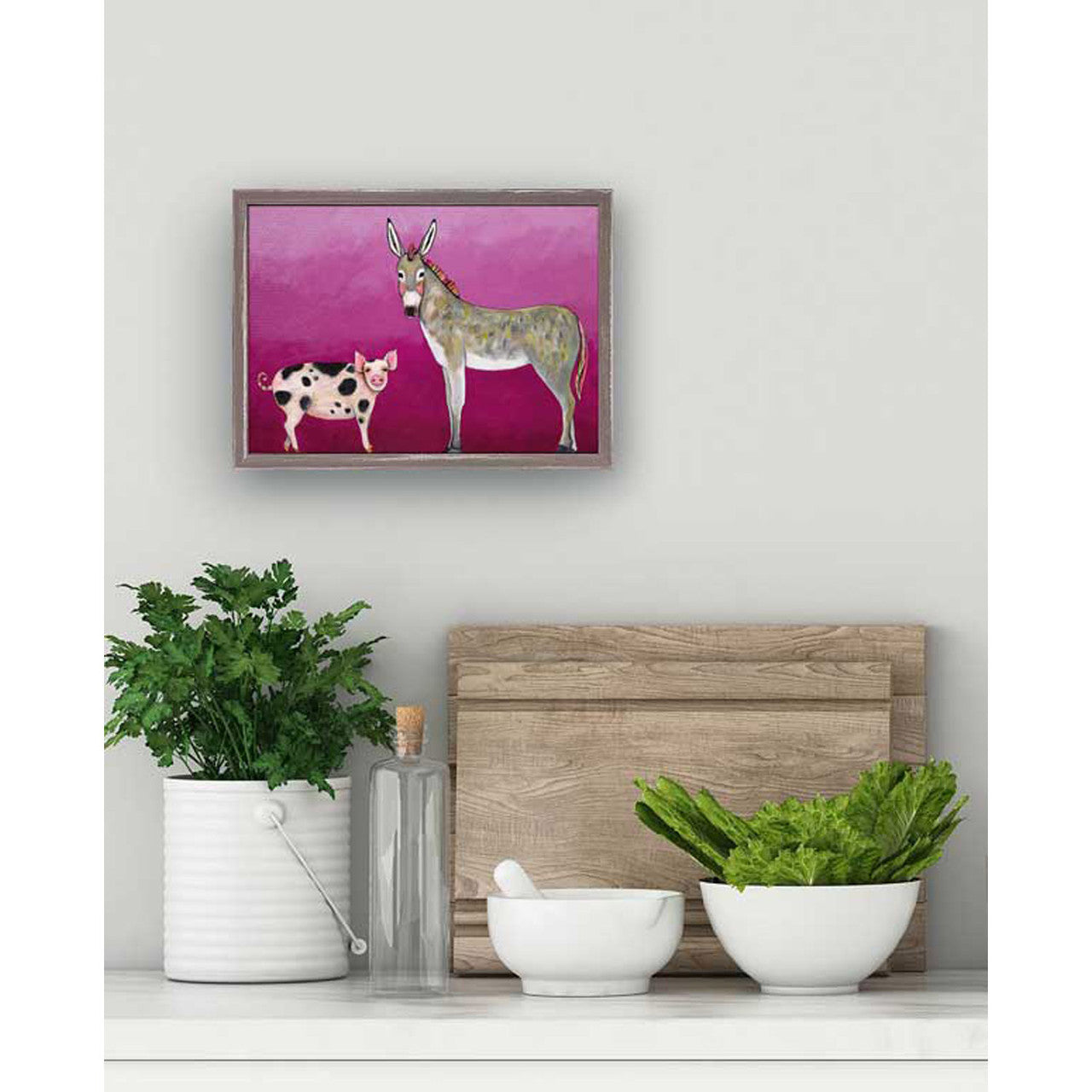 Donkey and Pig Tails Print by Eli Halpin - Austin Tx Artist
Mini Framed Canvas Print 
5" x 7"
Eli Halpin paints an old tale between the donkey and the pig. The piece reminds us that we must only take what we need not what we want!