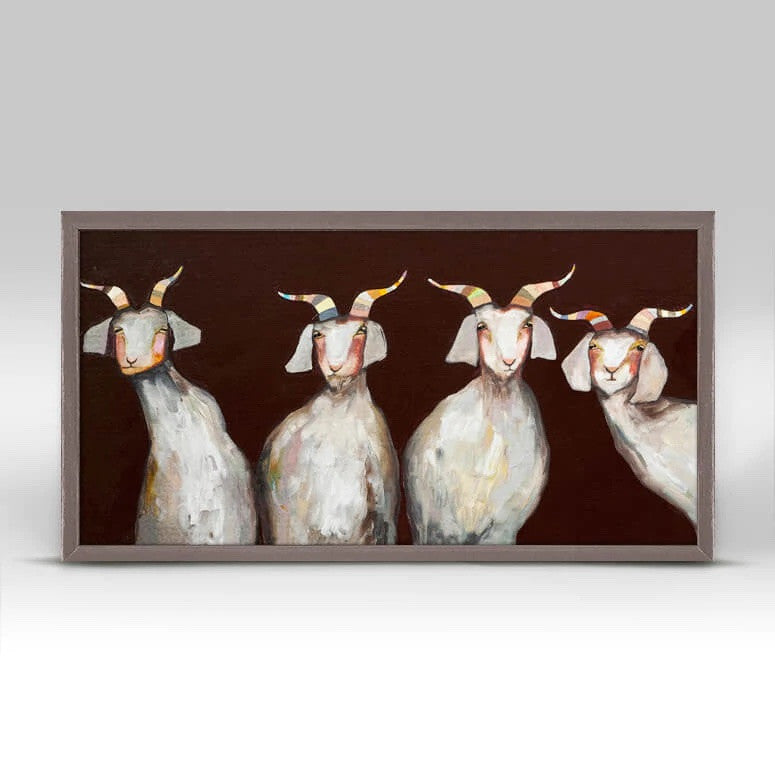 4 Goats on Chocolate Brown Mini Framed Canvas Print by Eli Halpin