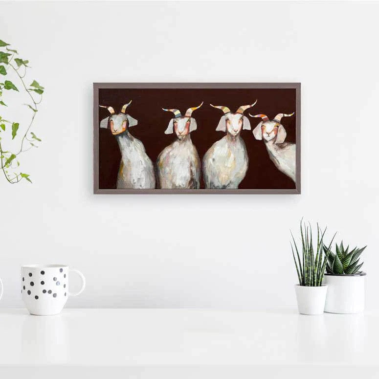 4 Goats on Chocolate Brown Mini Framed Canvas Print by Eli Halpin