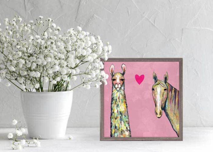 Llama Loves Horse on Pink Mini Framed Canvas Print in Blue by Eli Halpin