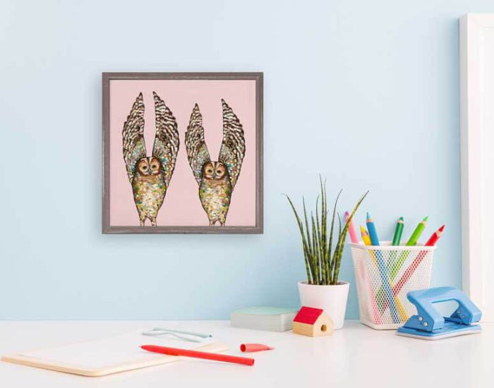 Owl Duo on Pink Mini Framed Canvas Print by Eli Halpin