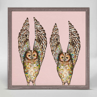 Owl Duo on Pink Mini Framed Canvas Print by Eli Halpin