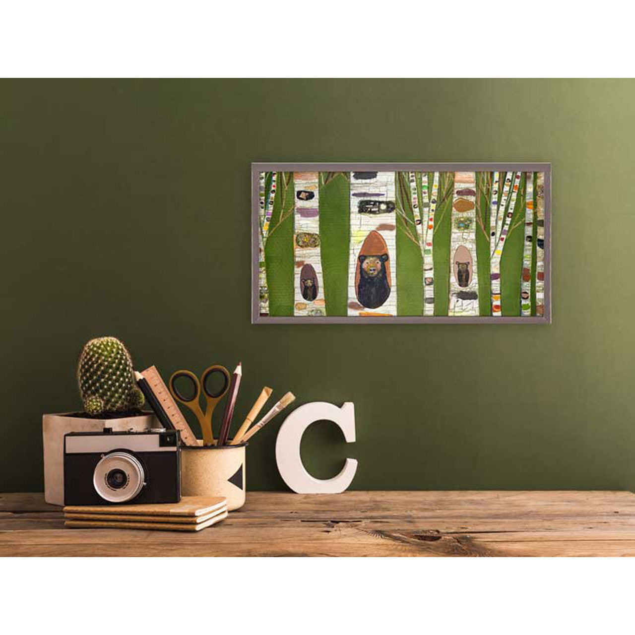 Black Bear Birch Tree Forest in Green Mini Framed Canvas Print in Neutral by Eli Halpin