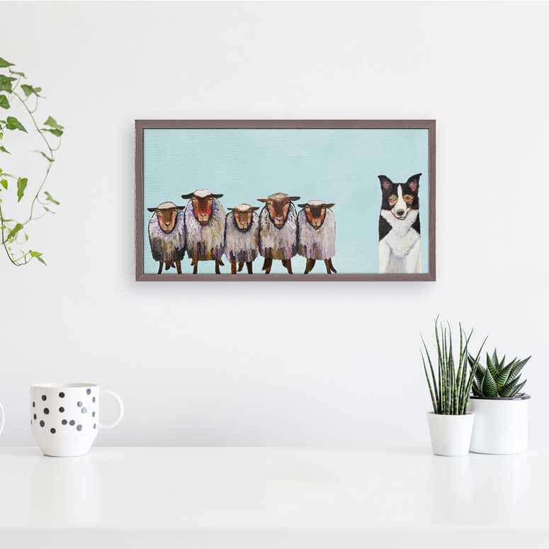 Border Collie and Crew on Sky Blue Mini Framed Canvas Print by Eli Halpin - Slight Damage on the back.