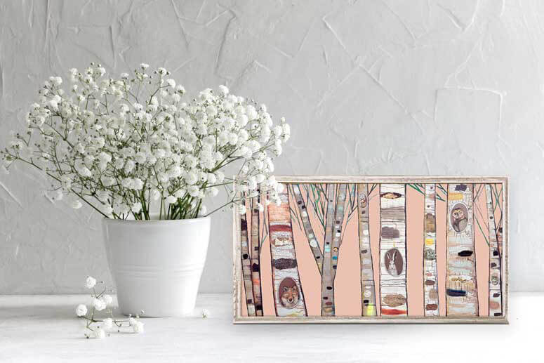 Birch Trees and Friends on Coral Mini Framed Canvas Print by Eli Halpin