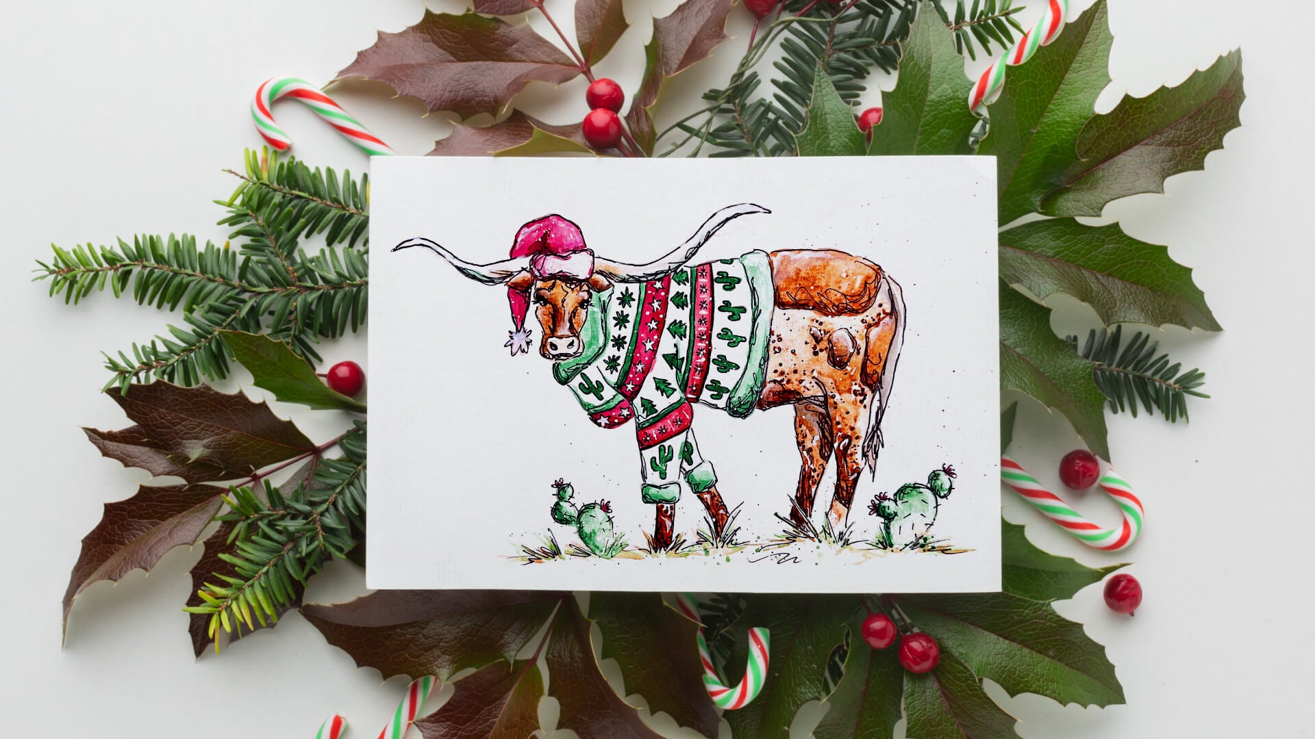 Longhorn Christmas Print by Emily Tolipova of Where'd The Wild Things Go