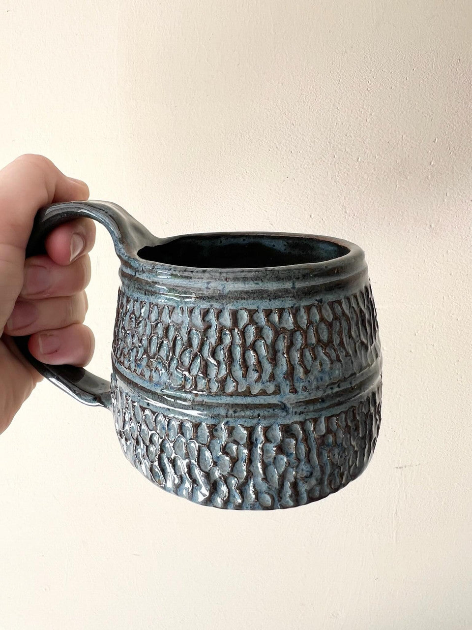 Blue Carved Mug by Fig Tree Pots