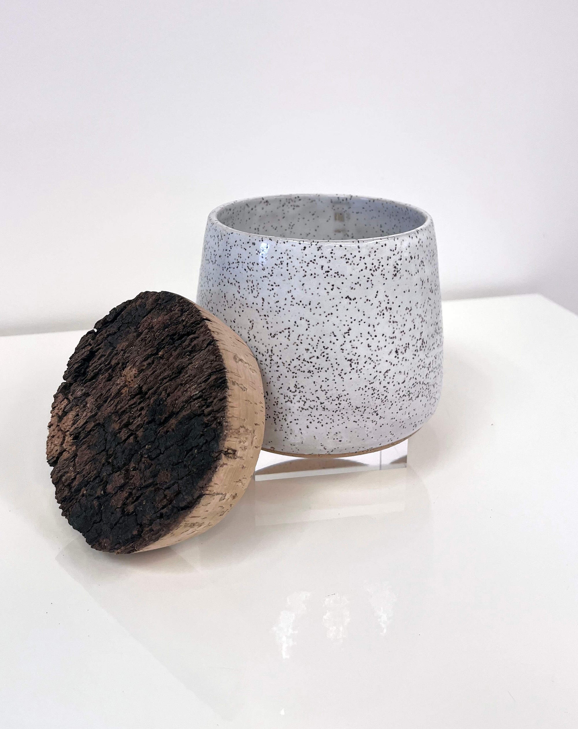 White Speckled Corked Vessel by Fig Tree Pots