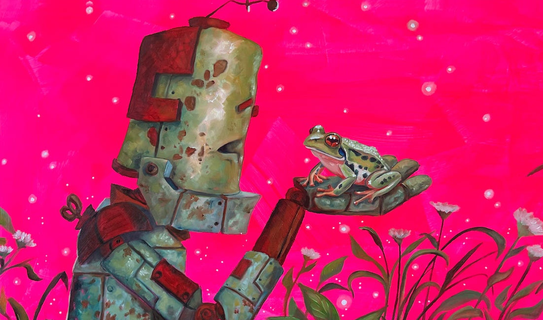 Frog Bot 2 - Robots in Rowboats by Lauren Briere + Print on Wood "Brick"