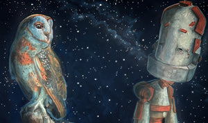 Galaxy Owl Bot - Robots in Rowboats by Lauren Briere + Print on Wood "Brick"