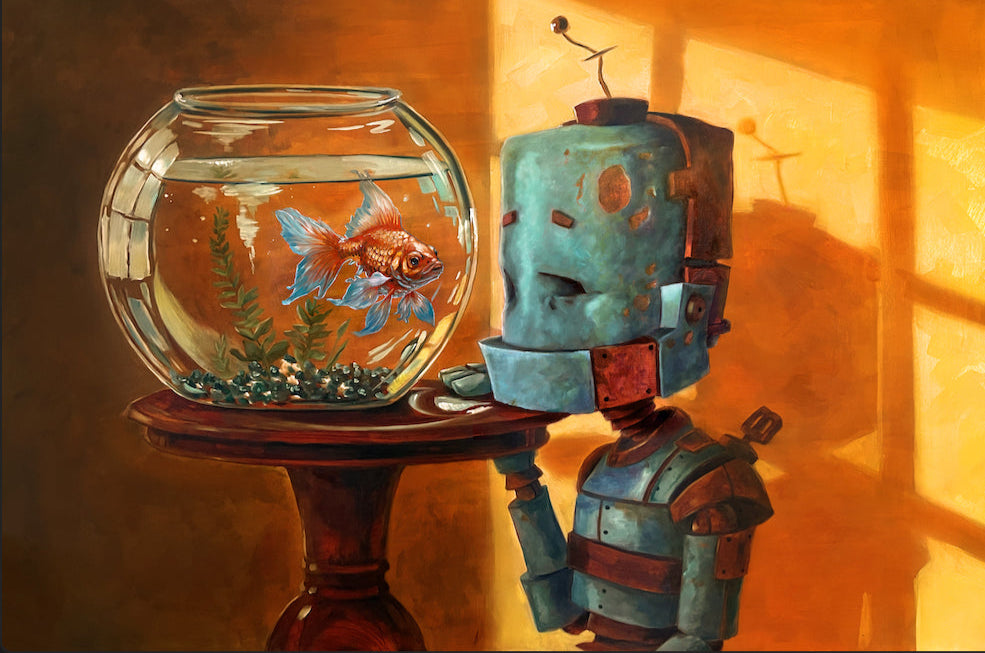 Goldfish Bot - Robots in Rowboats by Lauren Briere + Print on Wood "Brick"