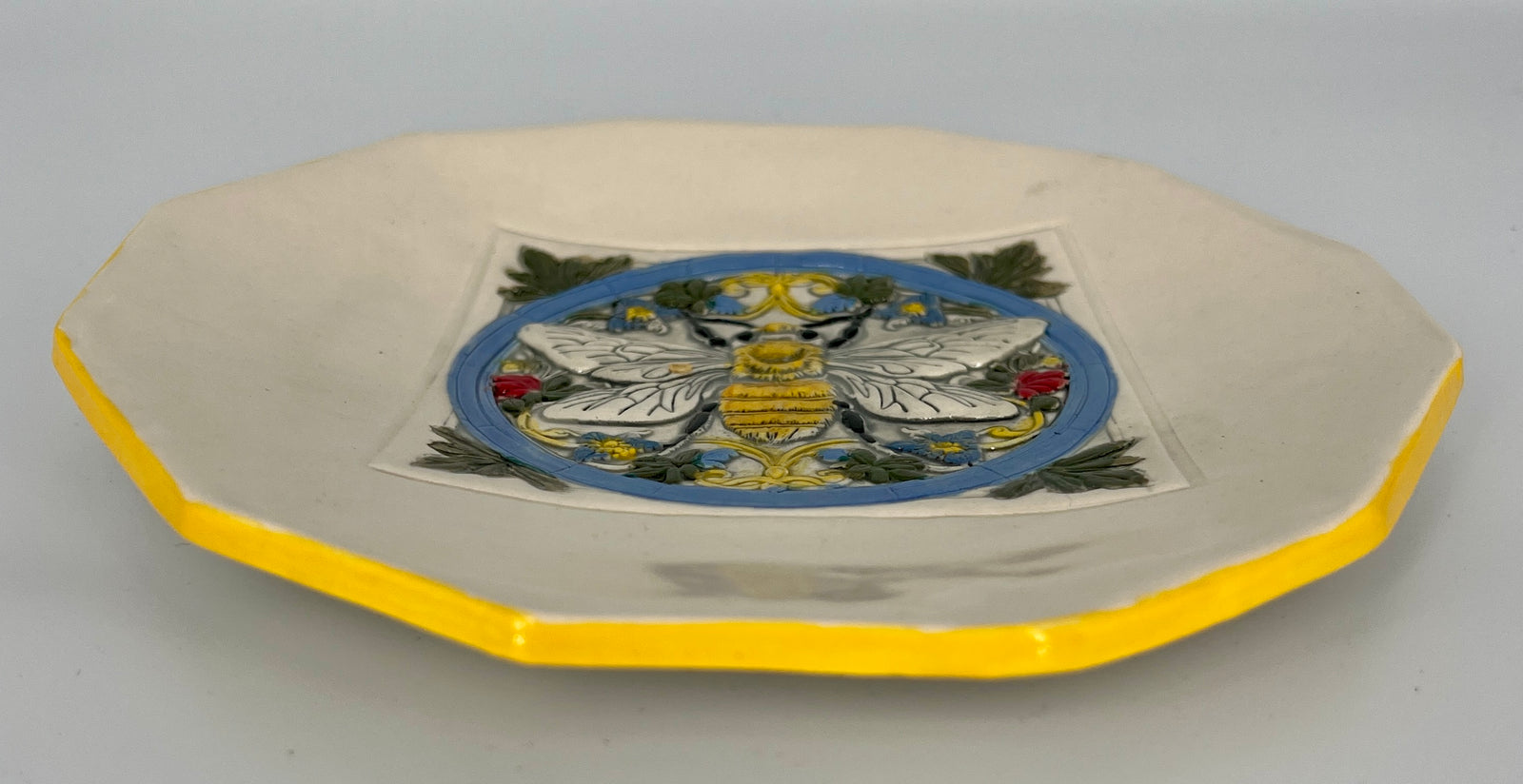 Ceramic Bee Dish with Yellow Rim by Hooting Buddha