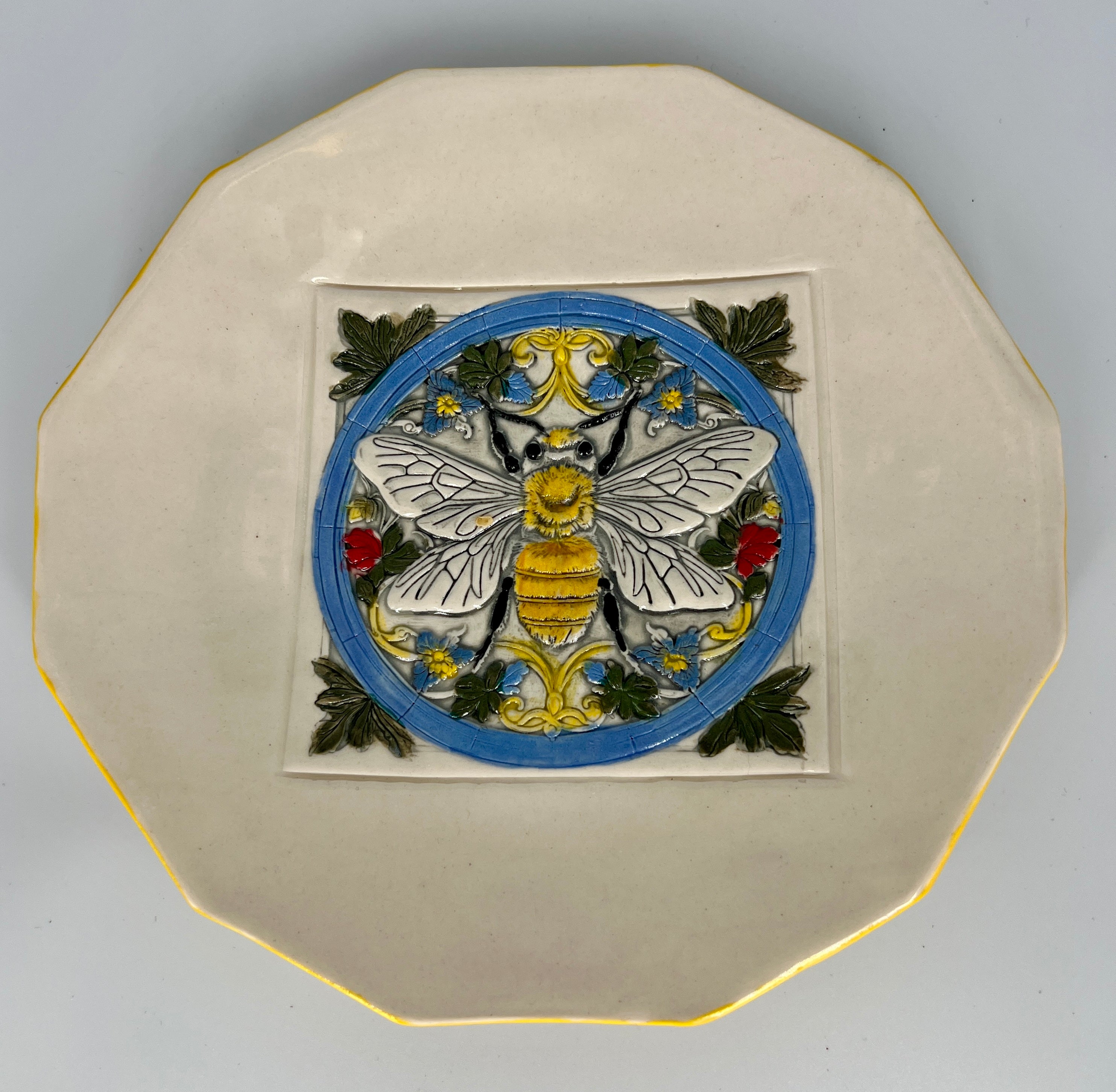 Ceramic Bee Dish with Yellow Rim by Hooting Buddha