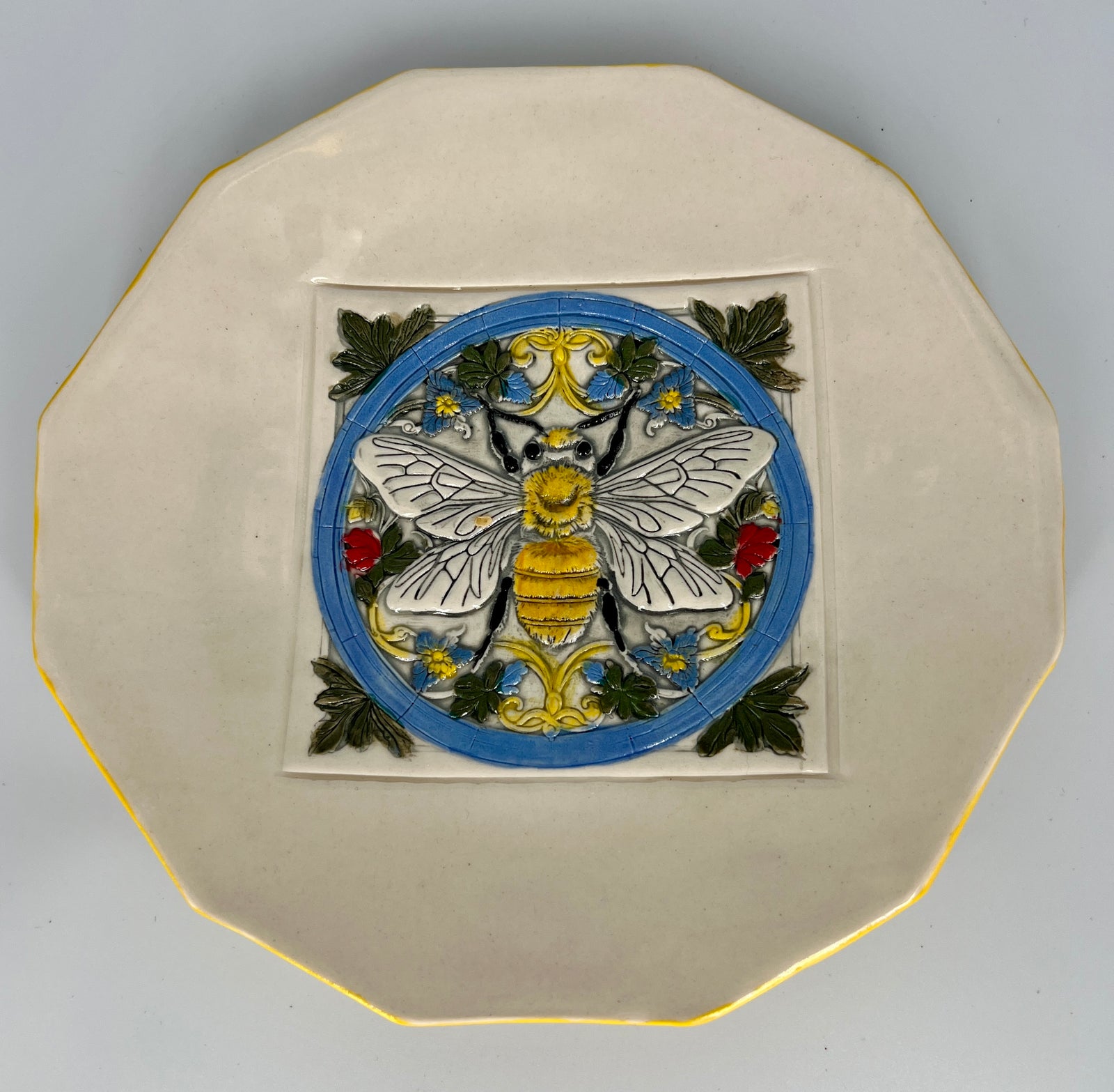 Ceramic Bee Dish with Yellow Rim by Hooting Buddha