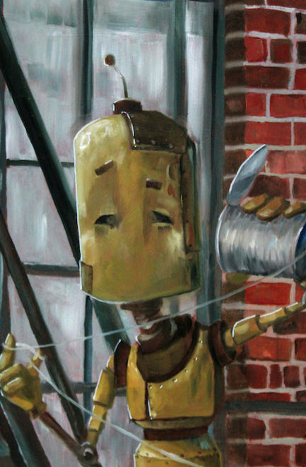 I Can Chat Bot - Robots in Rowboats by Lauren Briere + Print on Wood "Brick"