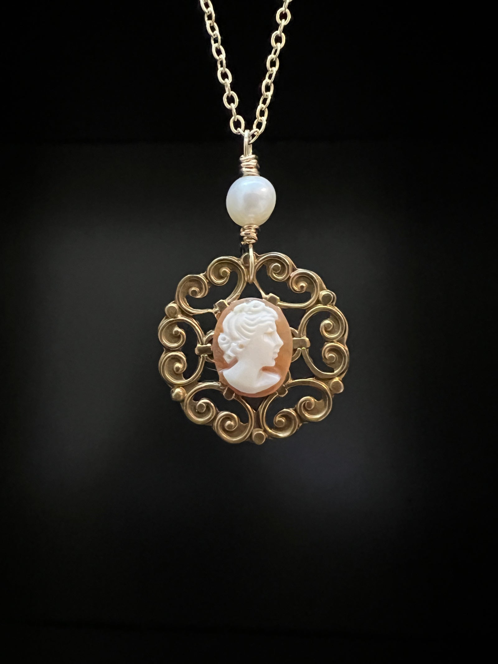 Filigree, Cameo and Pearl Necklace by Pake
