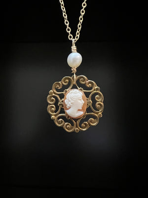 Filigree, Cameo and Pearl Necklace by Pake