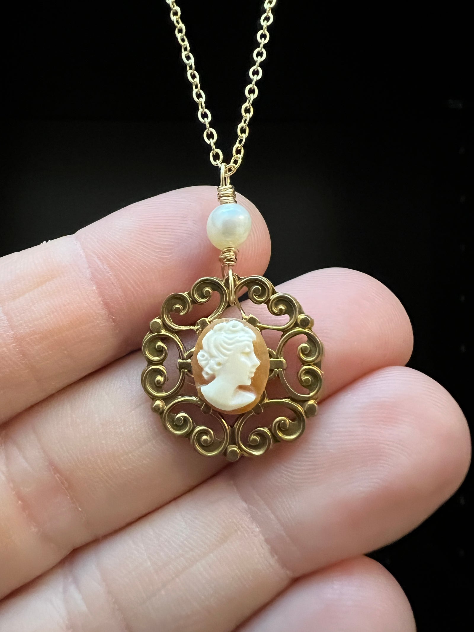 Filigree, Cameo and Pearl Necklace by Pake